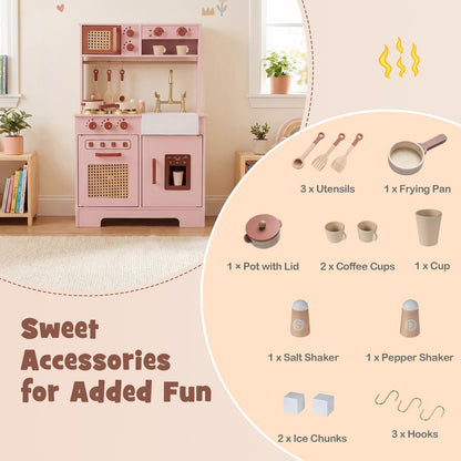 Kids Play Kitchen, Wooden Toy Kitchen with Stoves