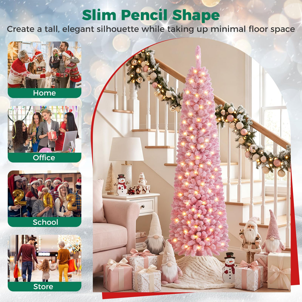 Pre-Lit Artificial Christmas Tree, Slim Pencil Xmas Tree