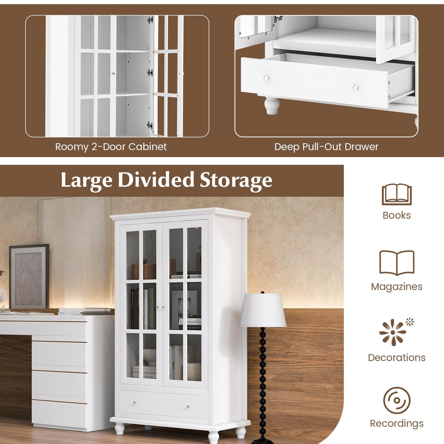 Bookcase Cabinet with Tempered Glass Doors and Adjustable Shelf