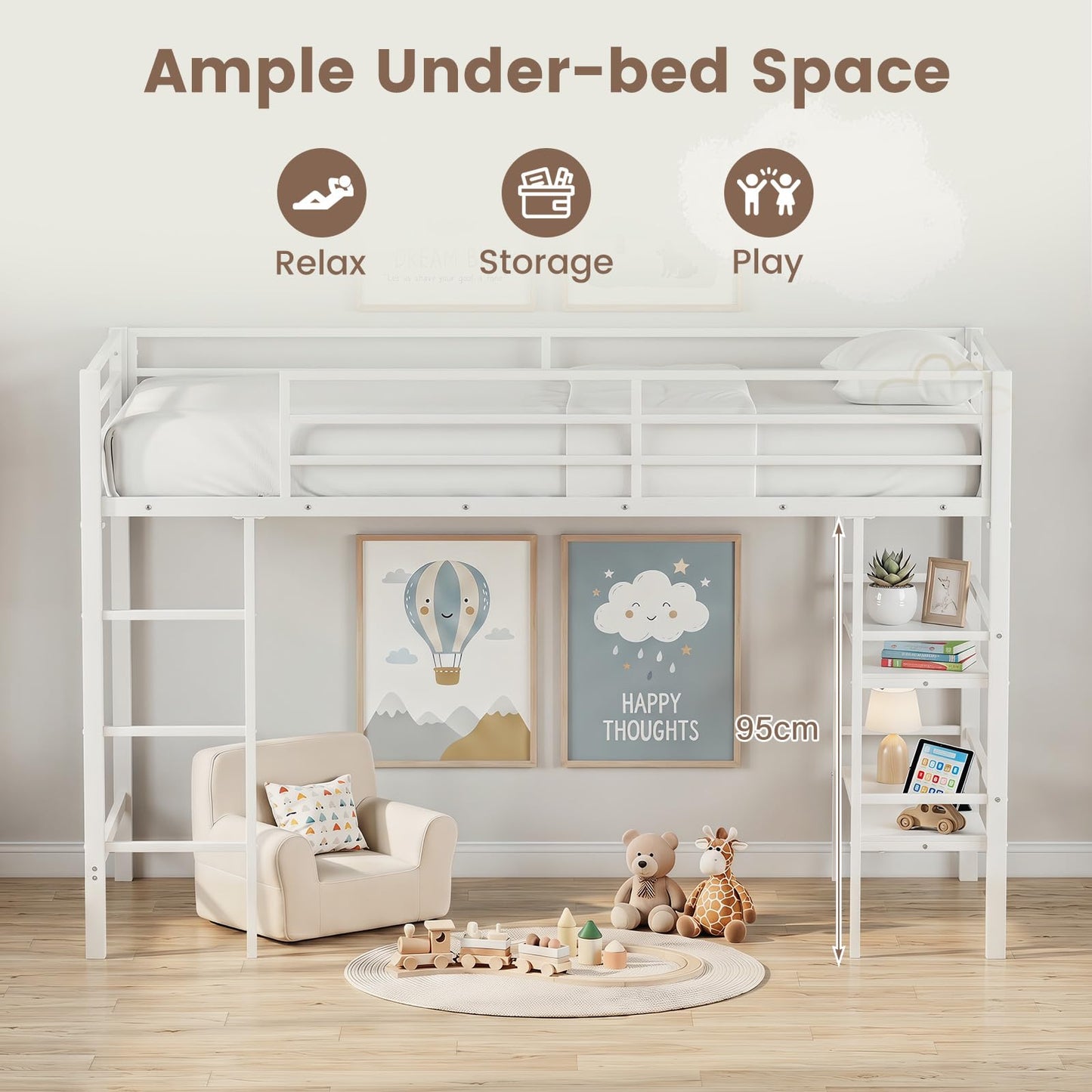 Kids Loft Bed, Metal Single Size Low Loft Bed with Under-Bed Space
