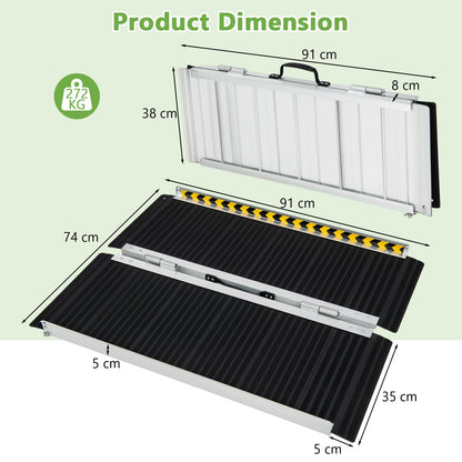 3FT Folding Portable Aluminum Ramp with Transition Plate and Reflective Warning Stickers