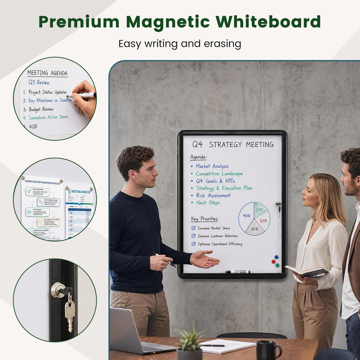 66 x 51 cm Enclosed Bulletin Board with Locking Door and Aluminum Alloy Frame
