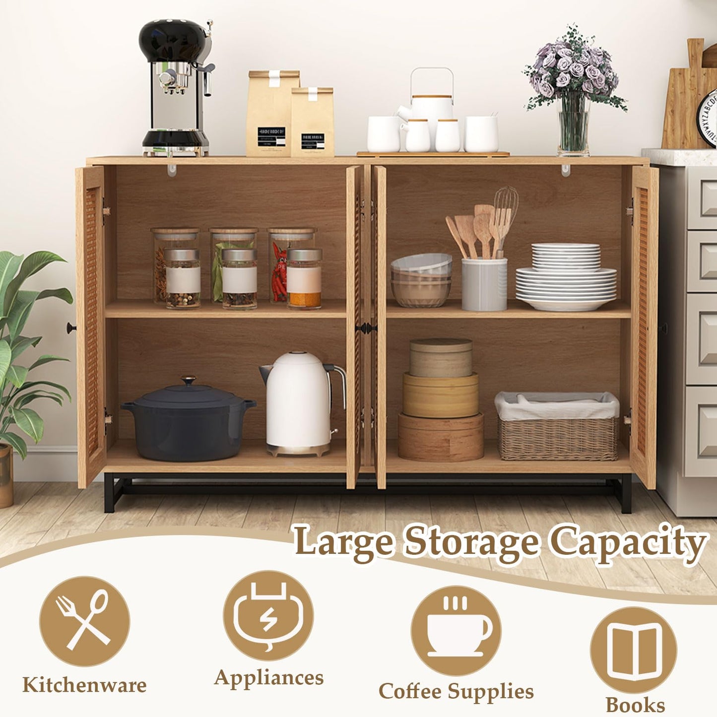 126cm Sideboard Buffet Cabinet with 4 Doors and Adjustable Shelves