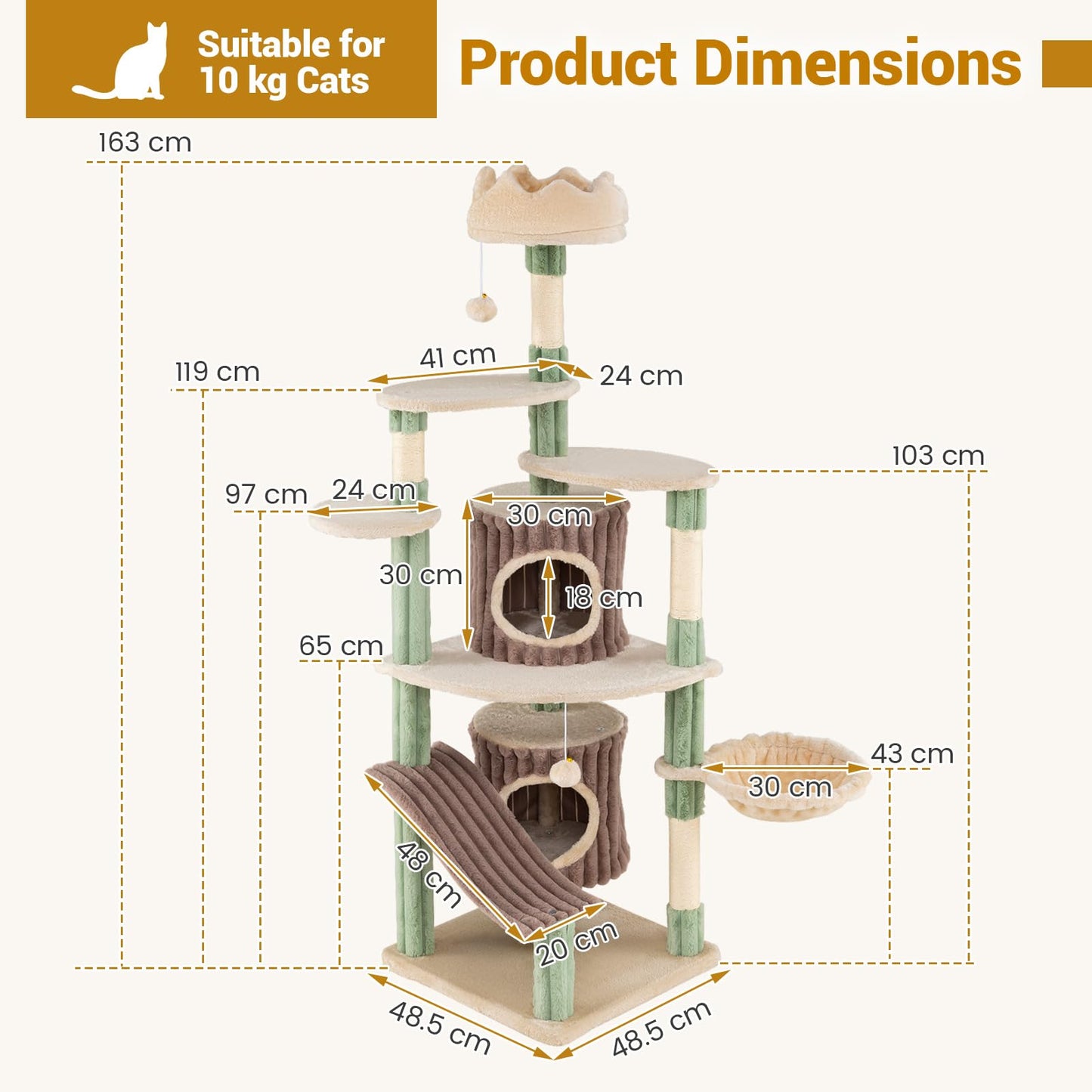 Cat Tree, 163cm Tall Modern Cats Tower with Plush Perch, 2 Condos, Basket Bed