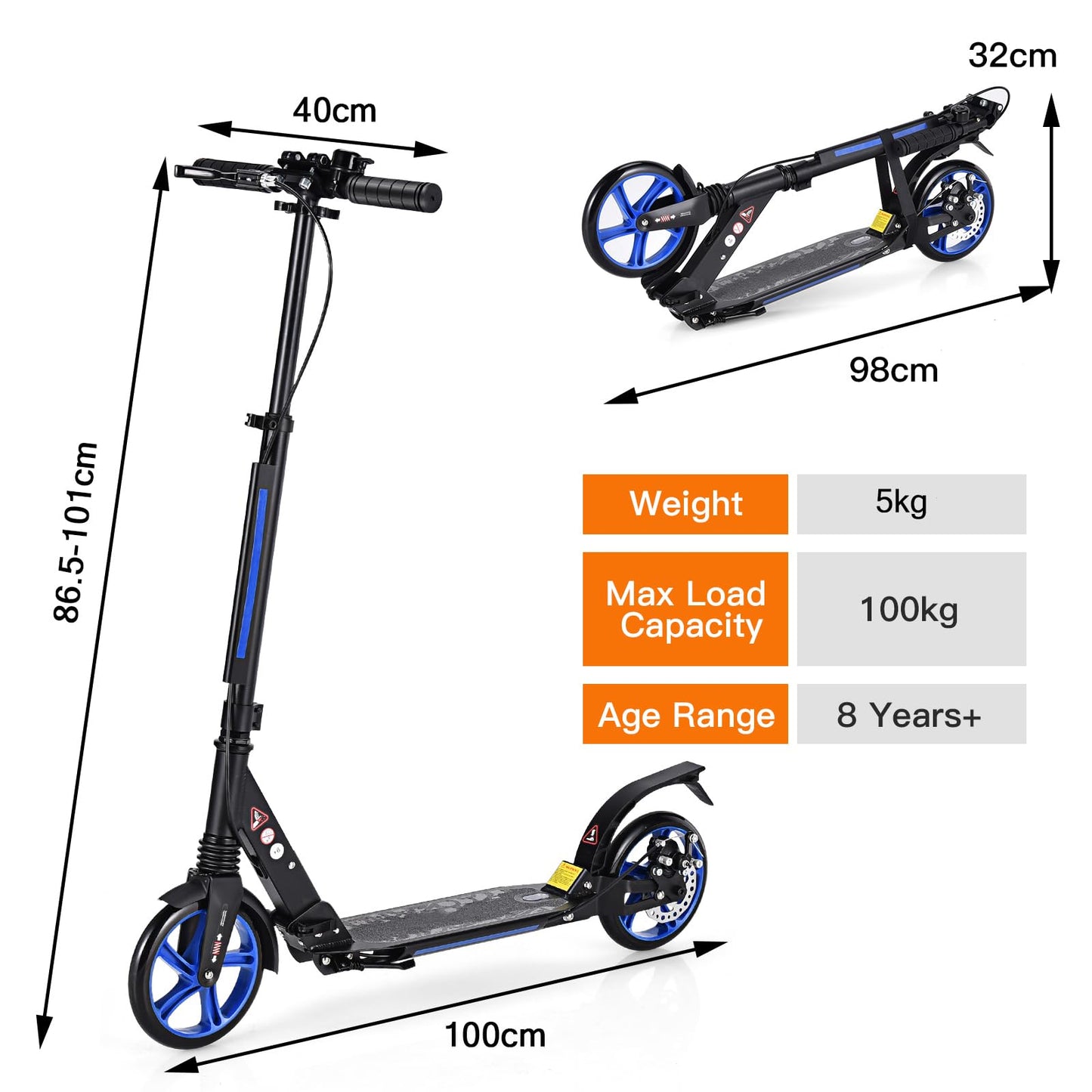 Folding Kick Scooter, 3 Heights Adjustable City Scooters with Big Wheels