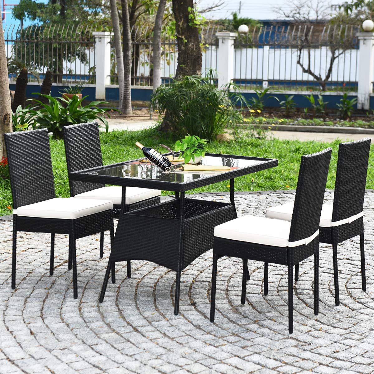 5 pcs Wicker Garden Table and Chairs Set with Tempered Glass Top & Removable Cushions