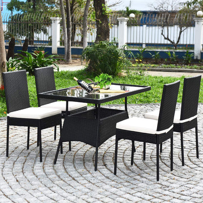 5 pcs Wicker Garden Table and Chairs Set with Tempered Glass Top & Removable Cushions