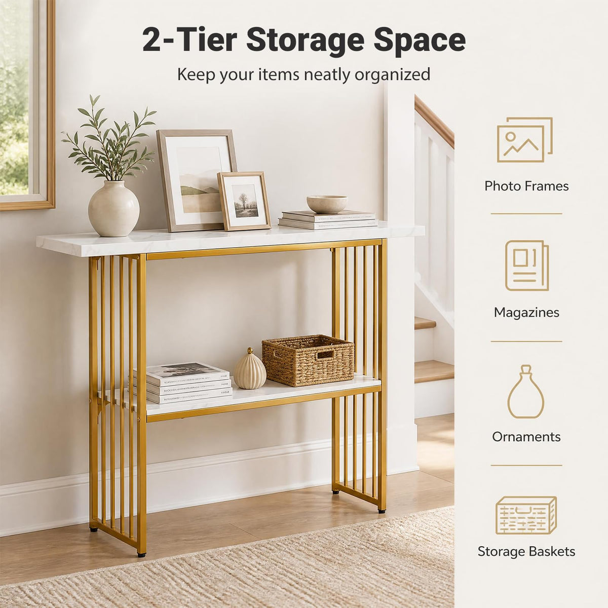 2-Tier Console Table, Faux Marble Slim Entryway Table