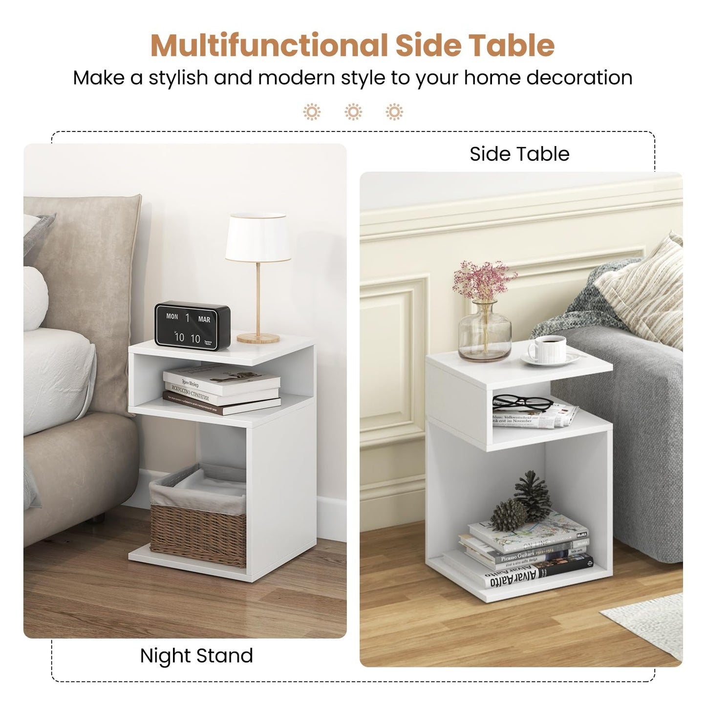S-Shaped Side Table with 2 Open Compartments for Small Space