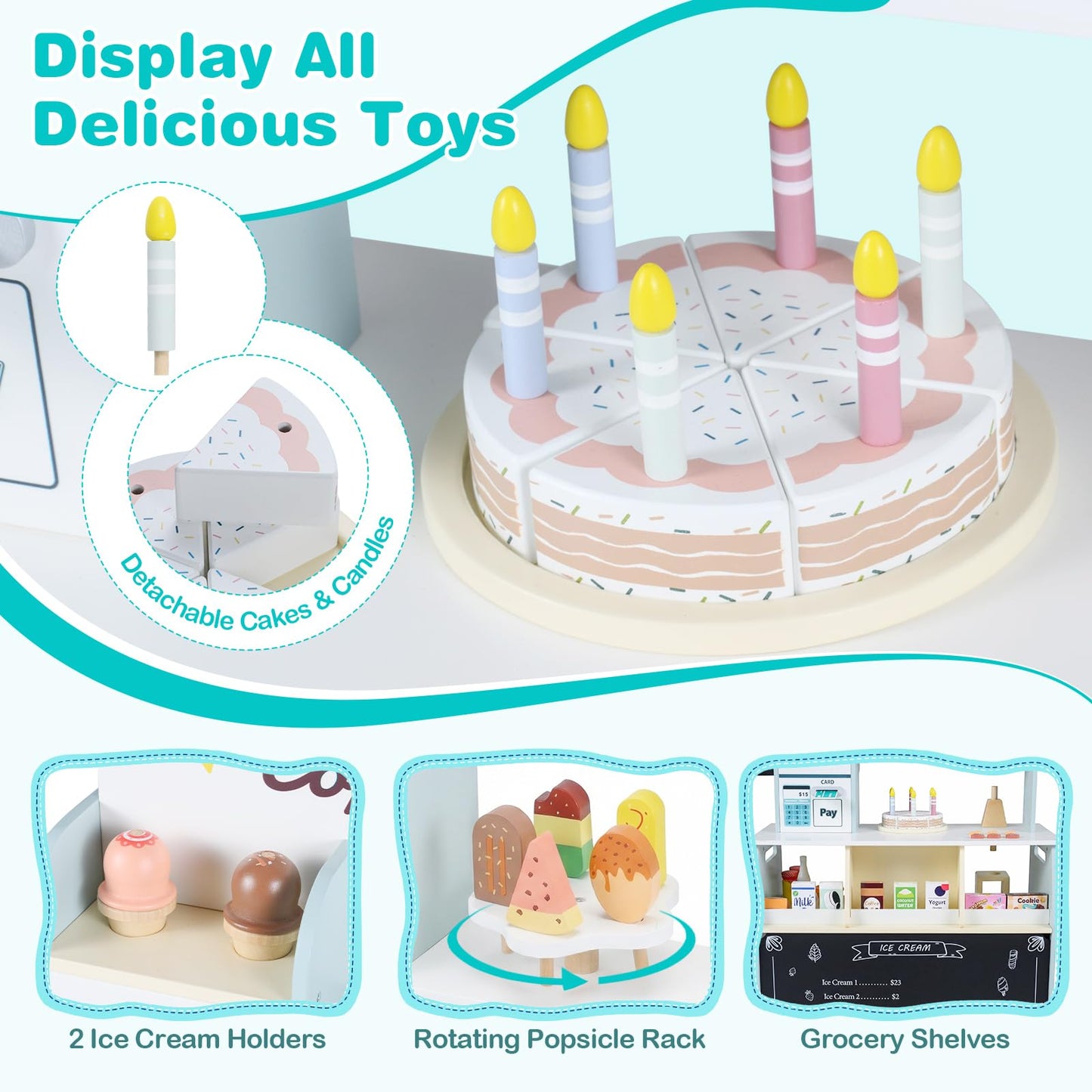 Kids Ice Cream Shop, Wooden Grocery Store Playset with 27 Accessories