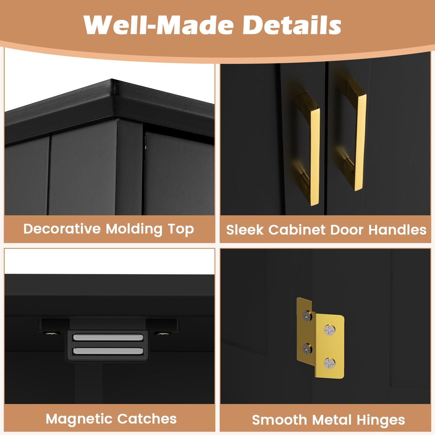 Bathroom Floor Storage Cabinet with 4 Doors and 2 Adjustable Shelves