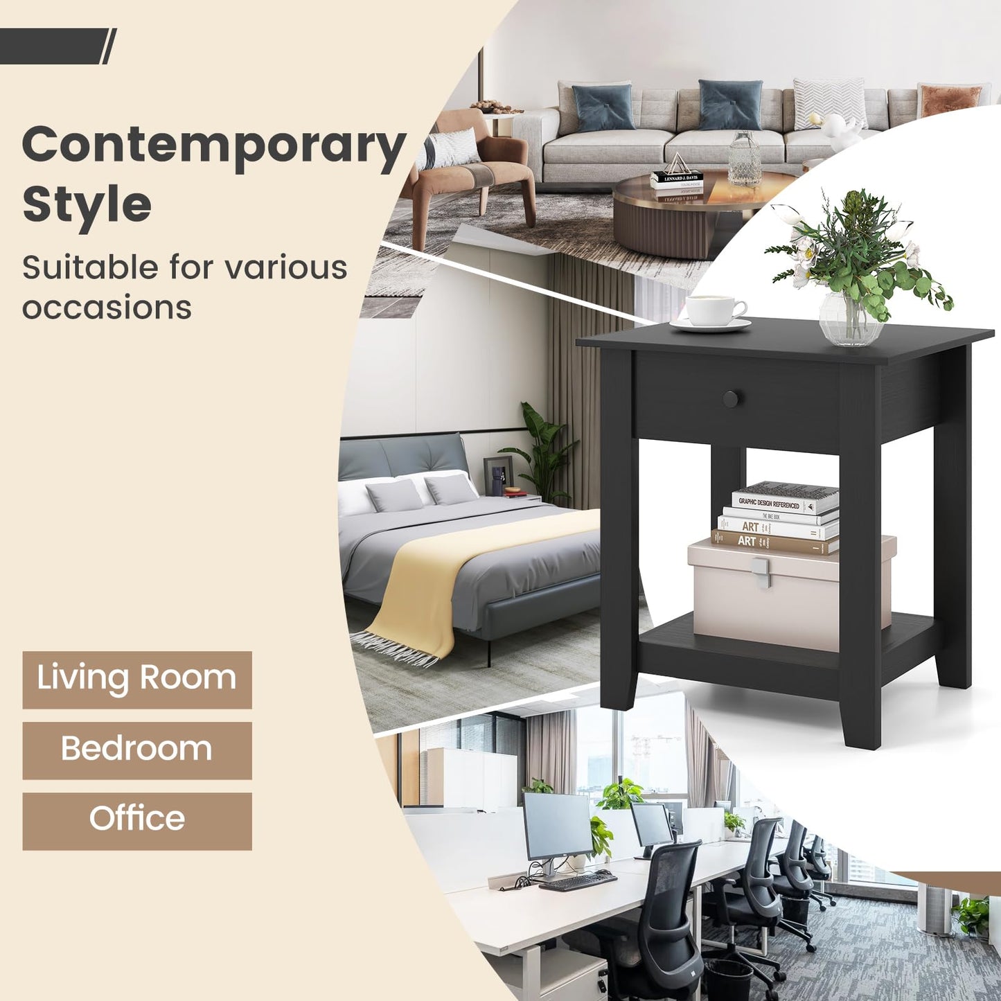 Wooden Nightstand End Sofa Side Table with Drawer and Open Shelf