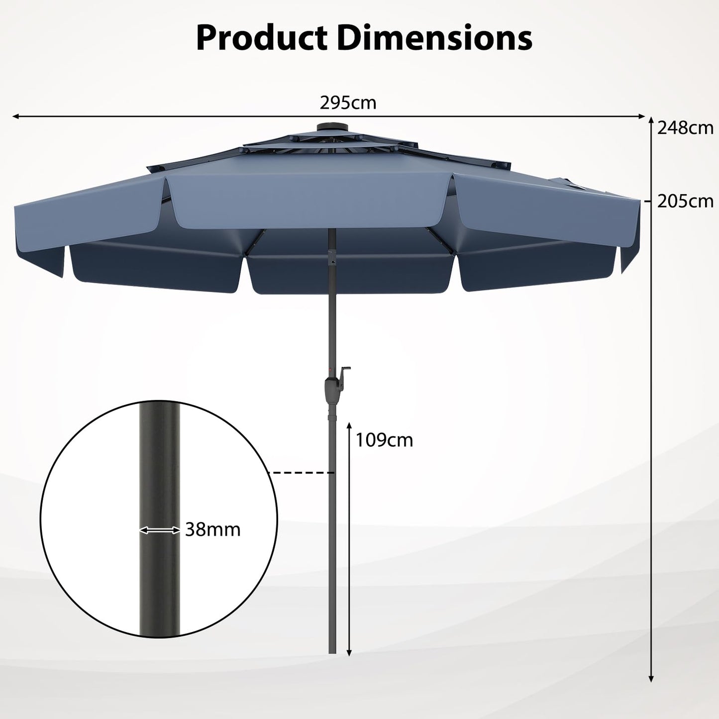 295 cm Solar Patio Umbrella with 32 LED Lights and 3-Tier Vented Top