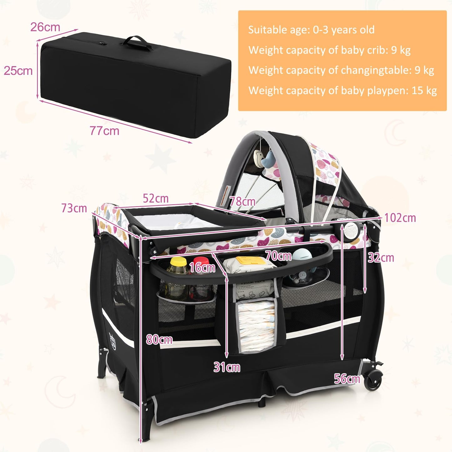 Portable Baby Bed Playard with Adjustable Canopy, Changing Table