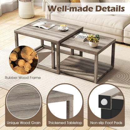 Nesting Coffee Table Set of 2 with Storage Shelf and Rubber Wood Frame