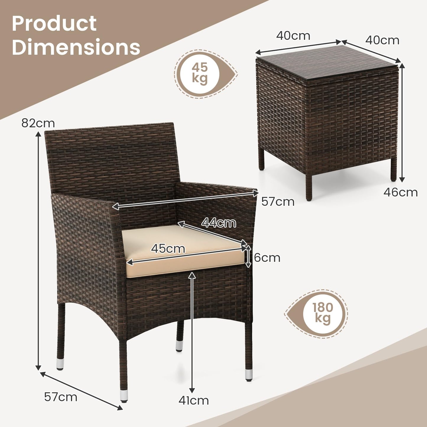 3 Pieces Patio Rattan Furniture Set with Soft Cushions and Glass Top Table