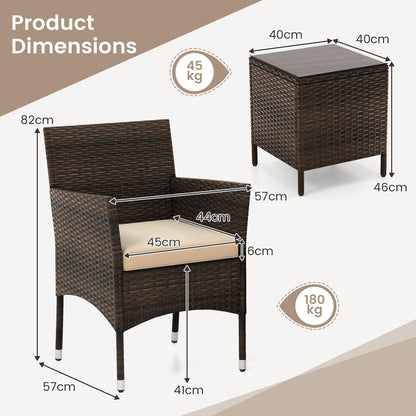 3 Pieces Patio Rattan Furniture Set with Soft Cushions and Glass Top Table