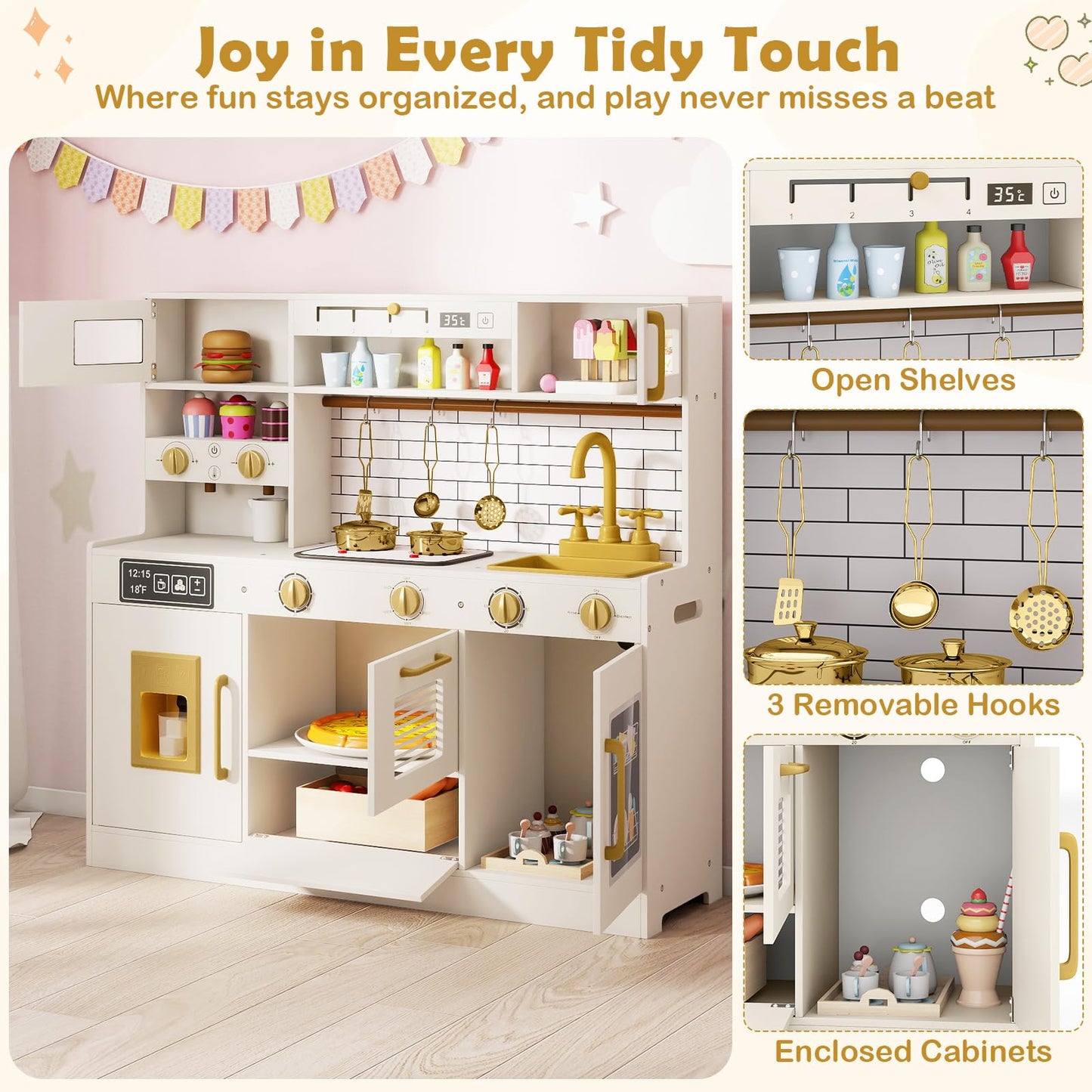 Kids Play Kitchen, Wooden Pretend Toy Kitchen with Realistic Lights