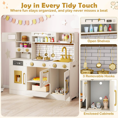 Kids Play Kitchen, Wooden Pretend Toy Kitchen with Realistic Lights