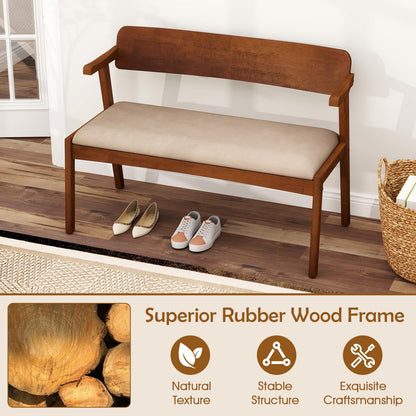 2 Seat Rubber Wood Bench with Padded Seat and Ergonomic Backrest