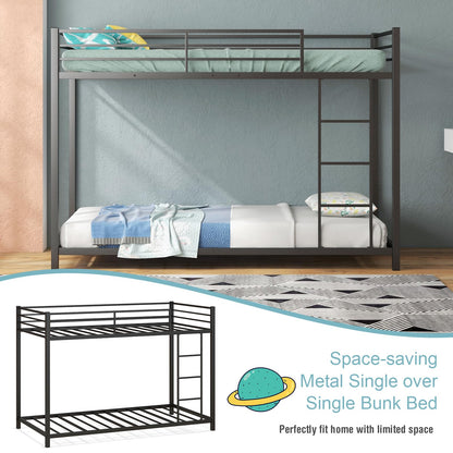 Metal Bunk Bed, Single over Single Loft Bed Frame with Ladder and Safety Guardrail