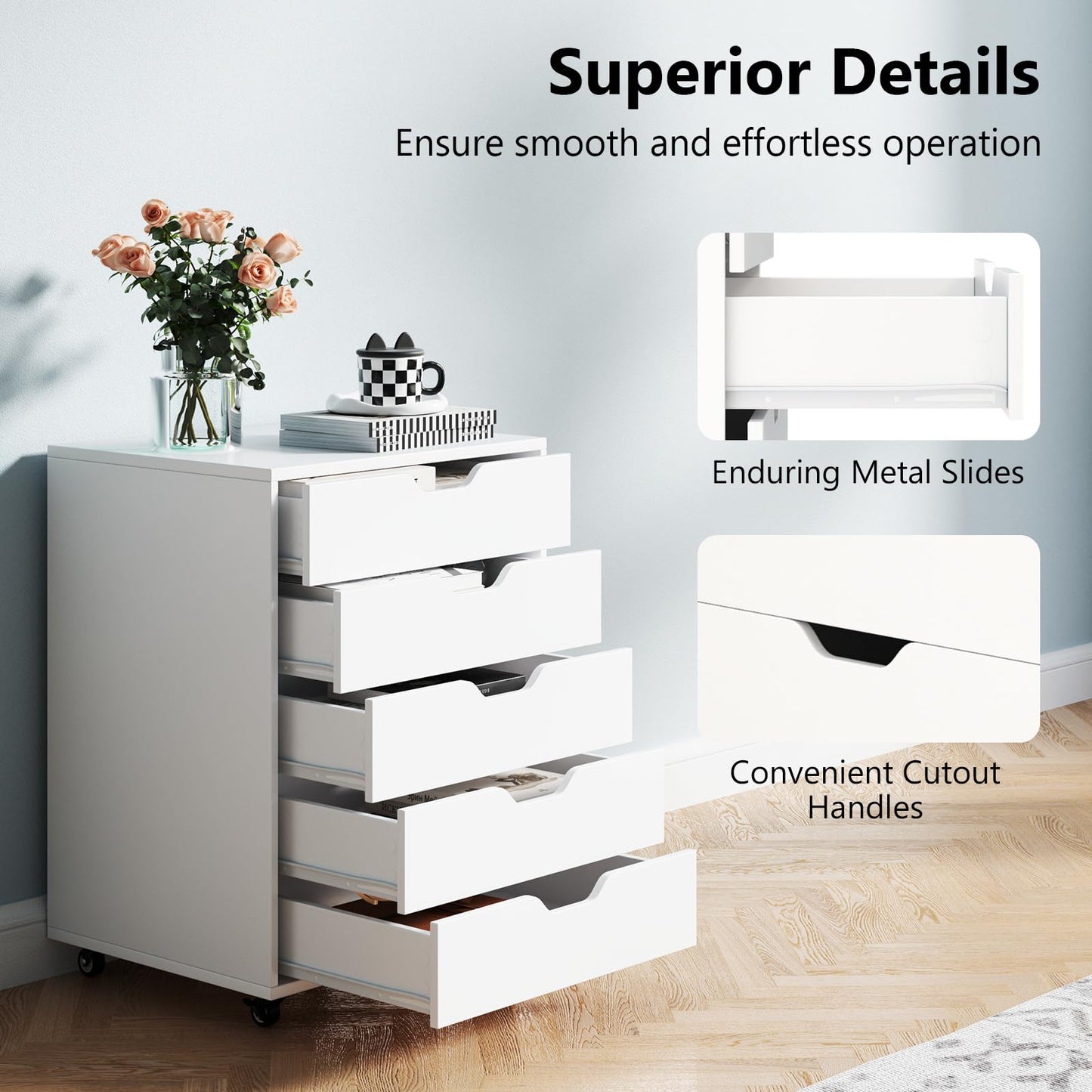 5 Drawer Chest with Lockable Wheels for Home Office