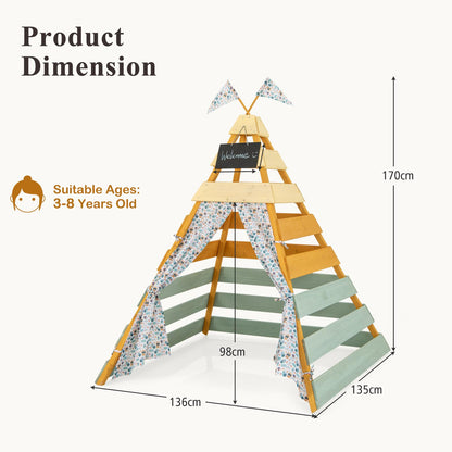Wooden Play Tent Kids Teepee Tent with Door Curtains for Children 3-8 Years Old