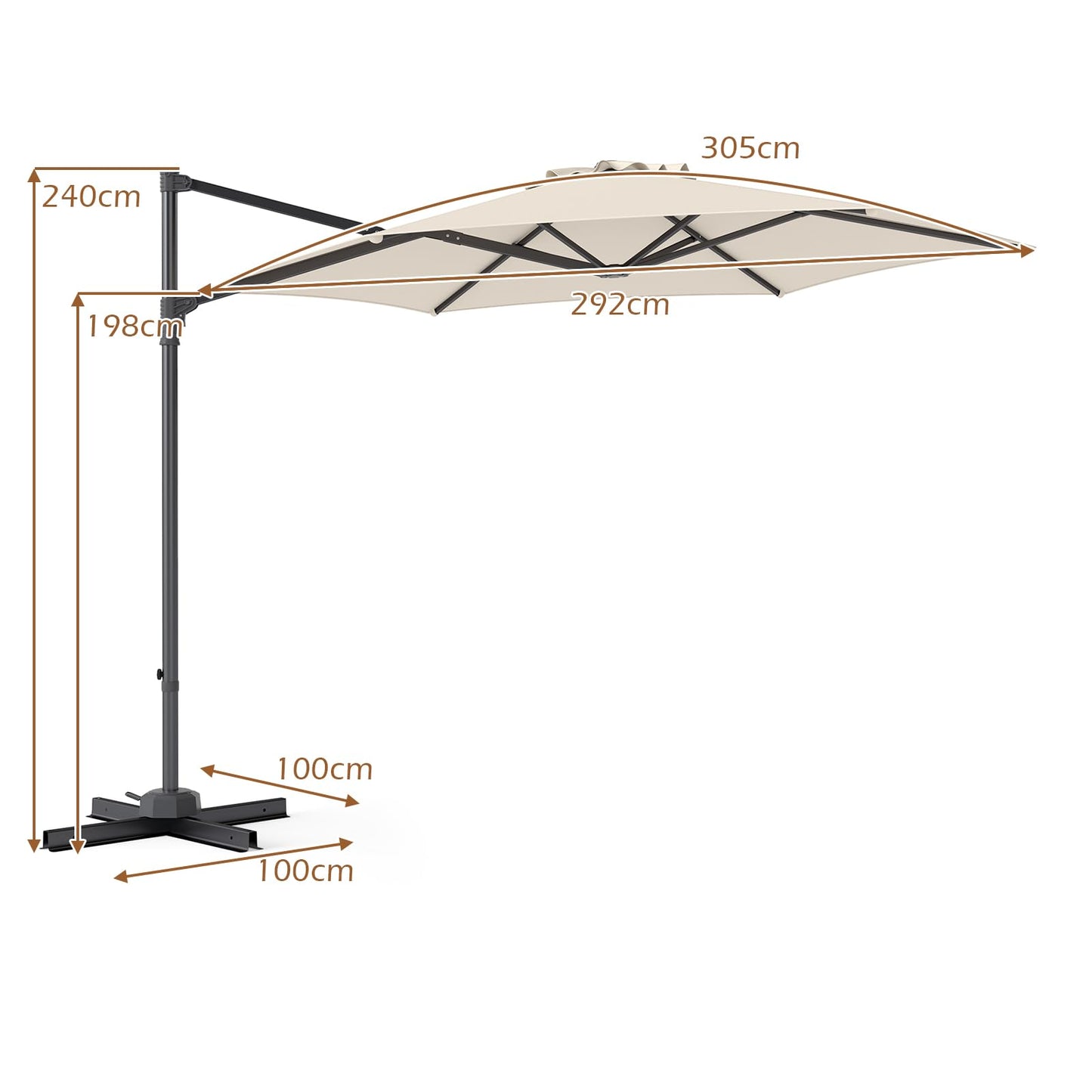 292cm Patio Cantilever Umbrella Large Offset Hanging Umbrella with 360° Rotation