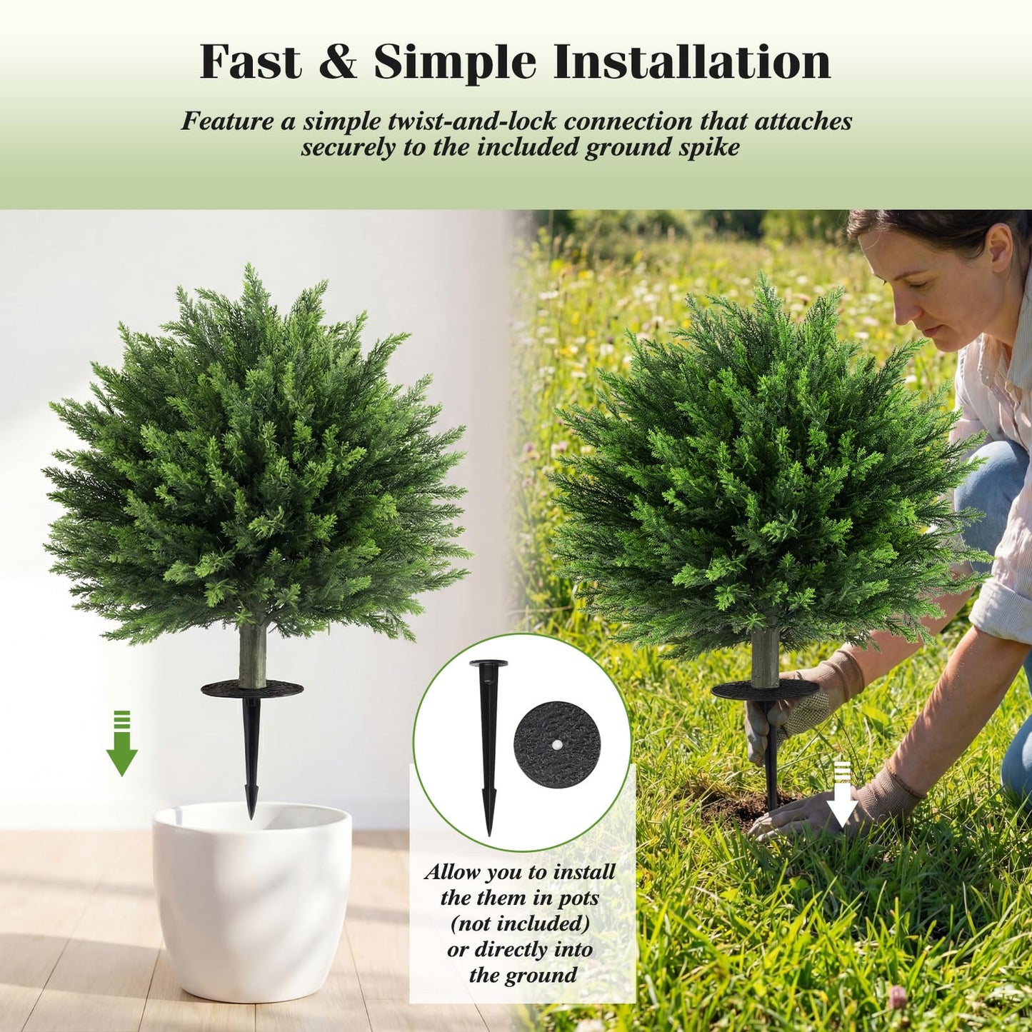 Set of 2 Artificial Topiary Ball Trees, Faux Shrub Bushes with Ground Spikes(Cypress Tree）