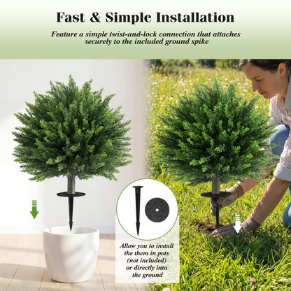 Set of 2 Artificial Topiary Ball Trees, Faux Shrub Bushes with Ground Spikes(Cypress Tree）