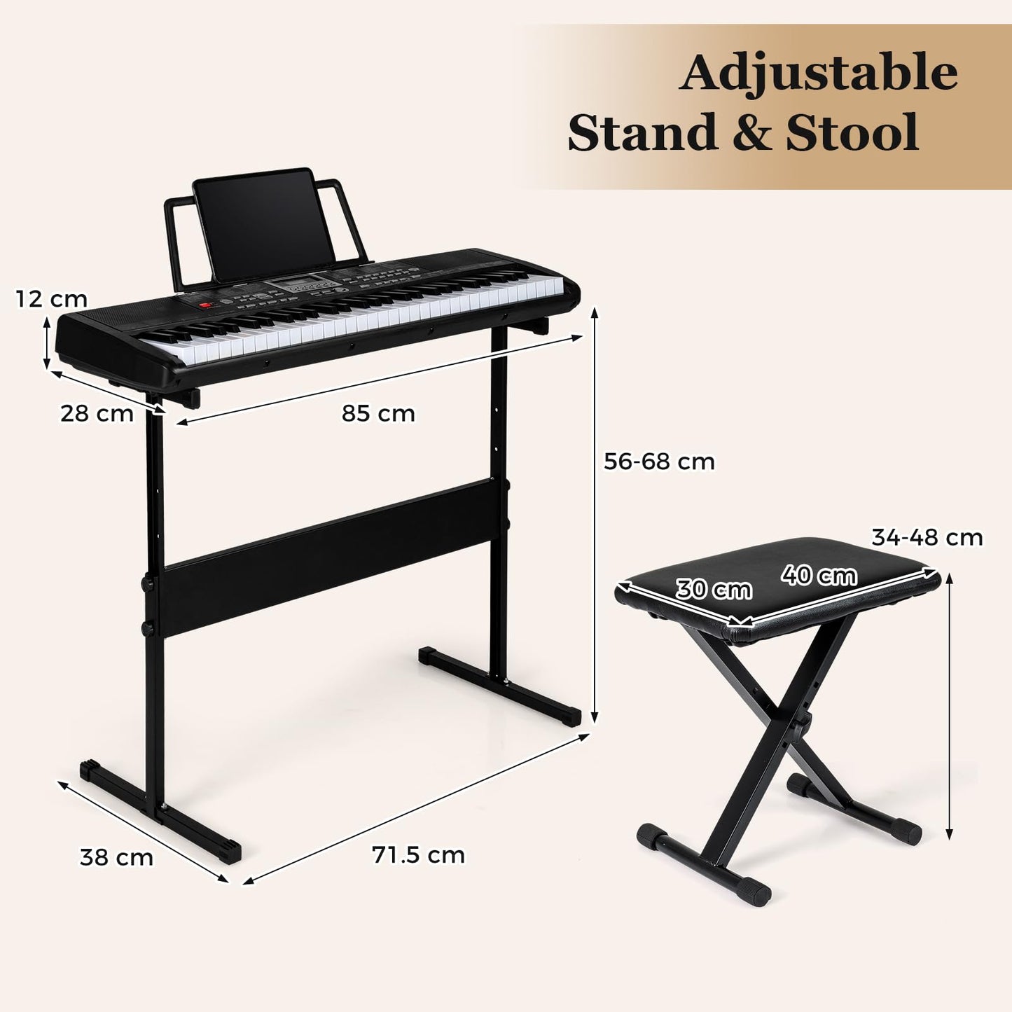 61 Key Digital Piano Keyboard, Electric Piano with Adjustable Stand & Stool