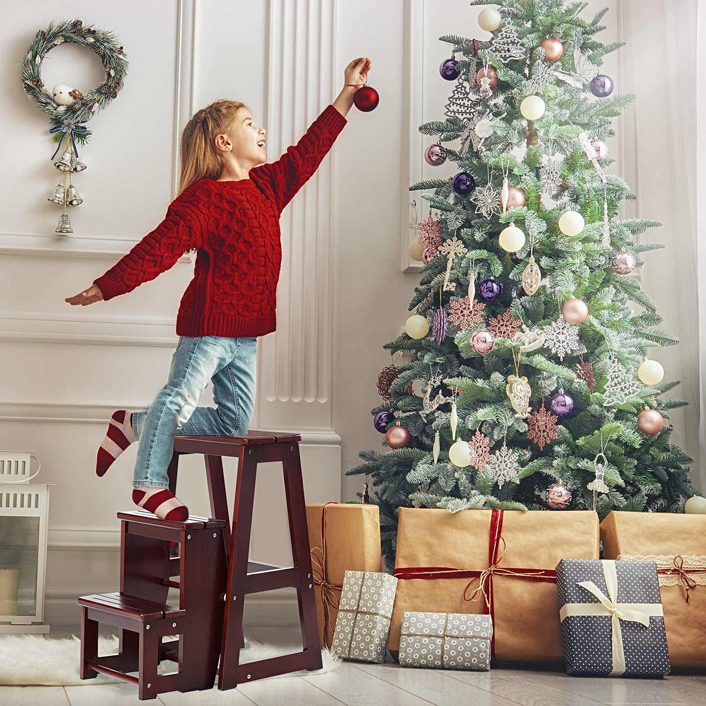 Folding 3 tier Step Stool Wooden Folding Stepladder Shelf