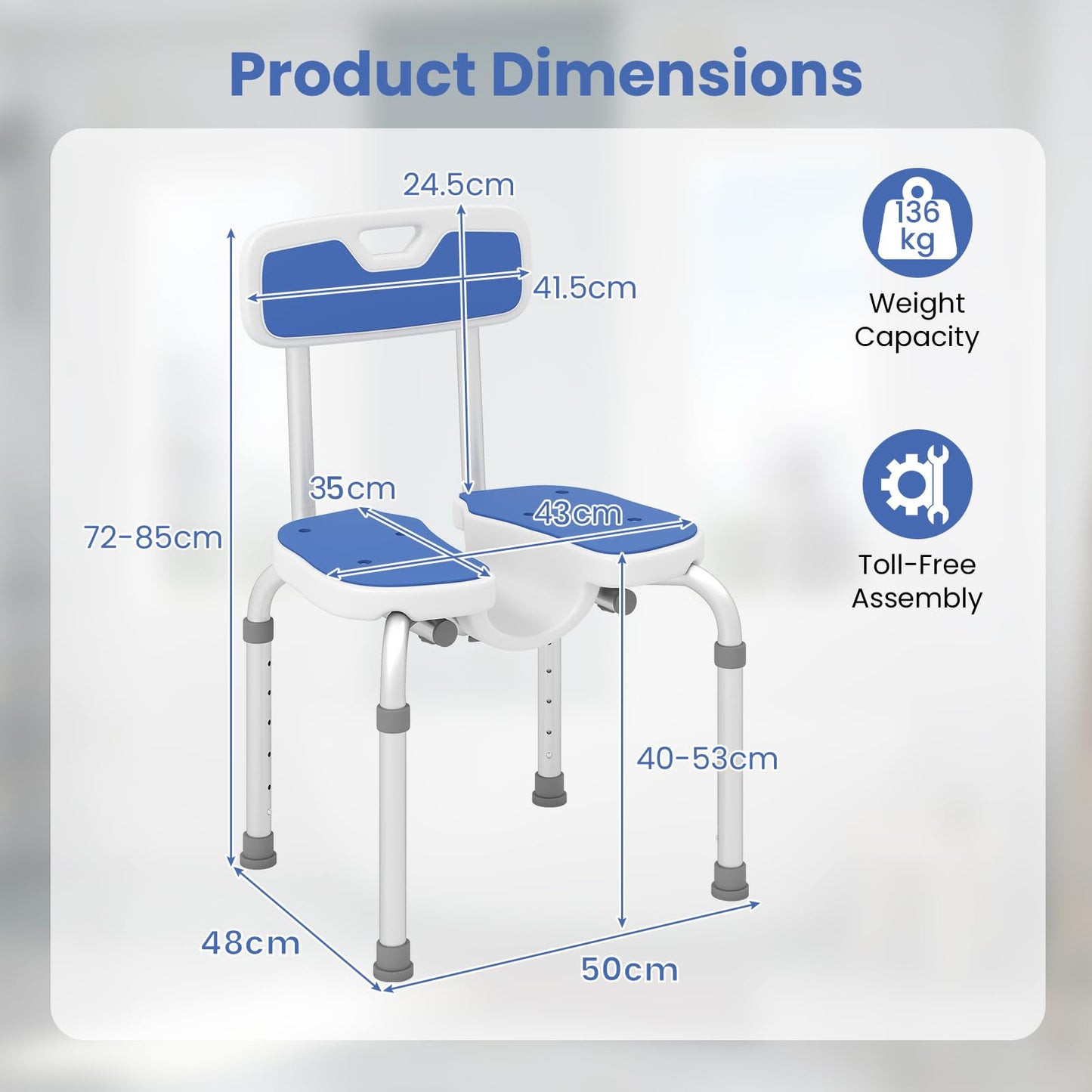 U-Shaped Shower Chair, 6-Level Height Adjustable Aluminium Shower Stool