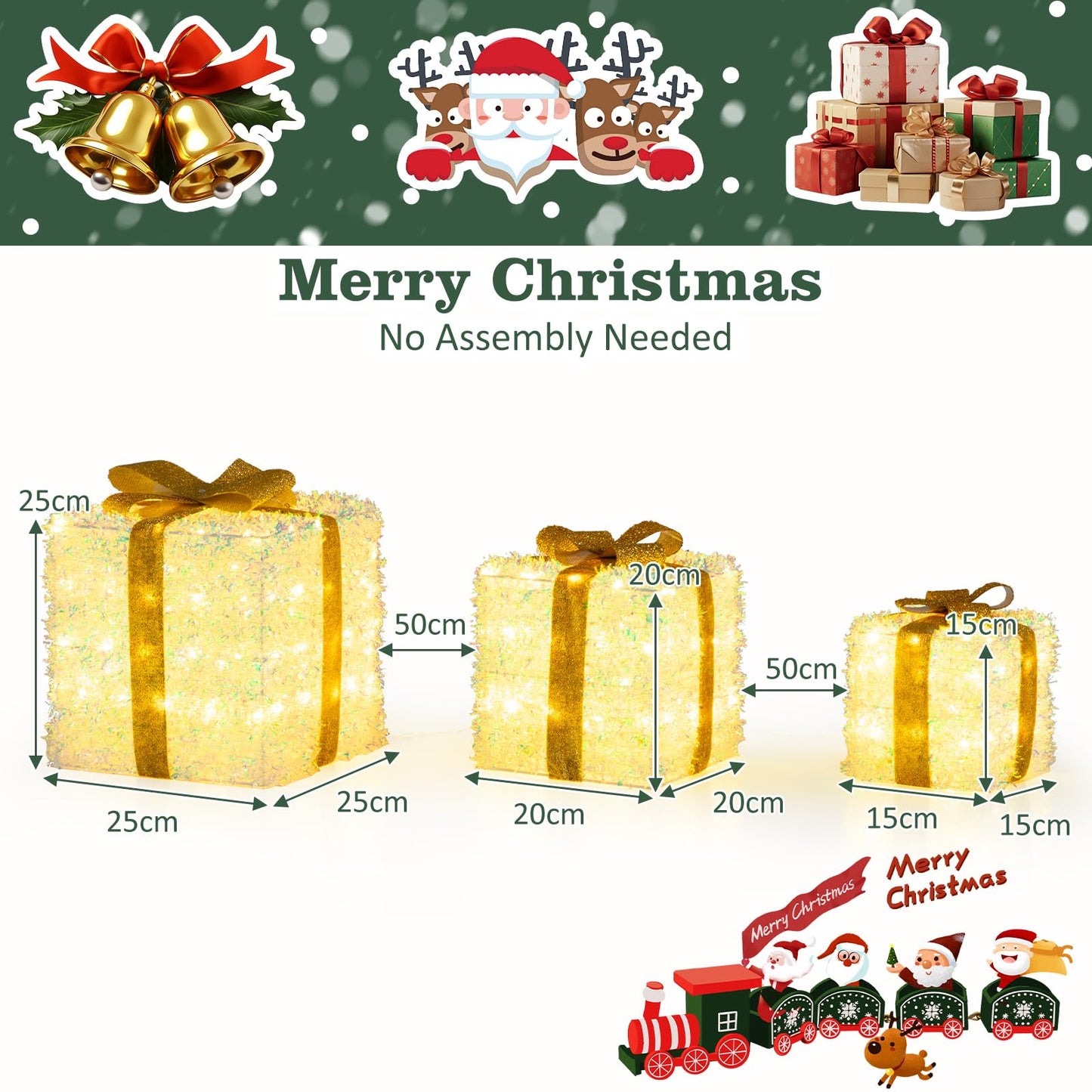 Set of 3 Christmas Lighted Gift Boxes Pre-Lit with Warm White LED Lights