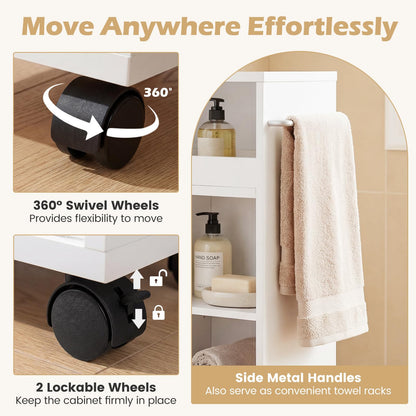 Bathroom Floor Cabinet on Wheels, Freestanding Slim Bathroom Storage Unit
