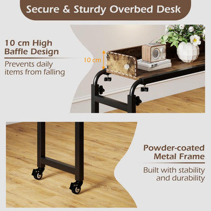 Overbed Table with Wheels, 136-206cm Mobile Over The Bed Table with Anti-Fall Barrier