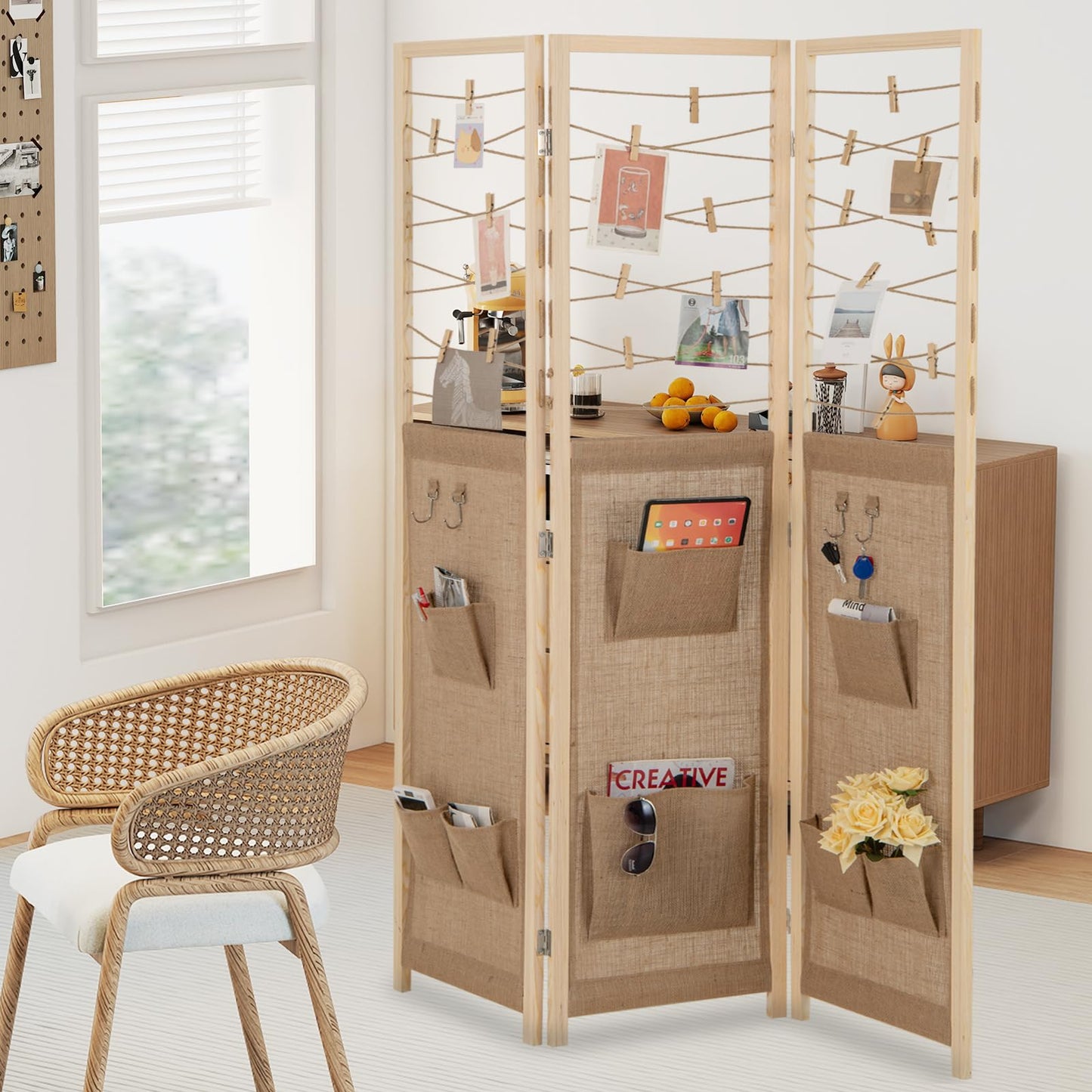 3 Panel Folding Room Divider with 8 Pockets