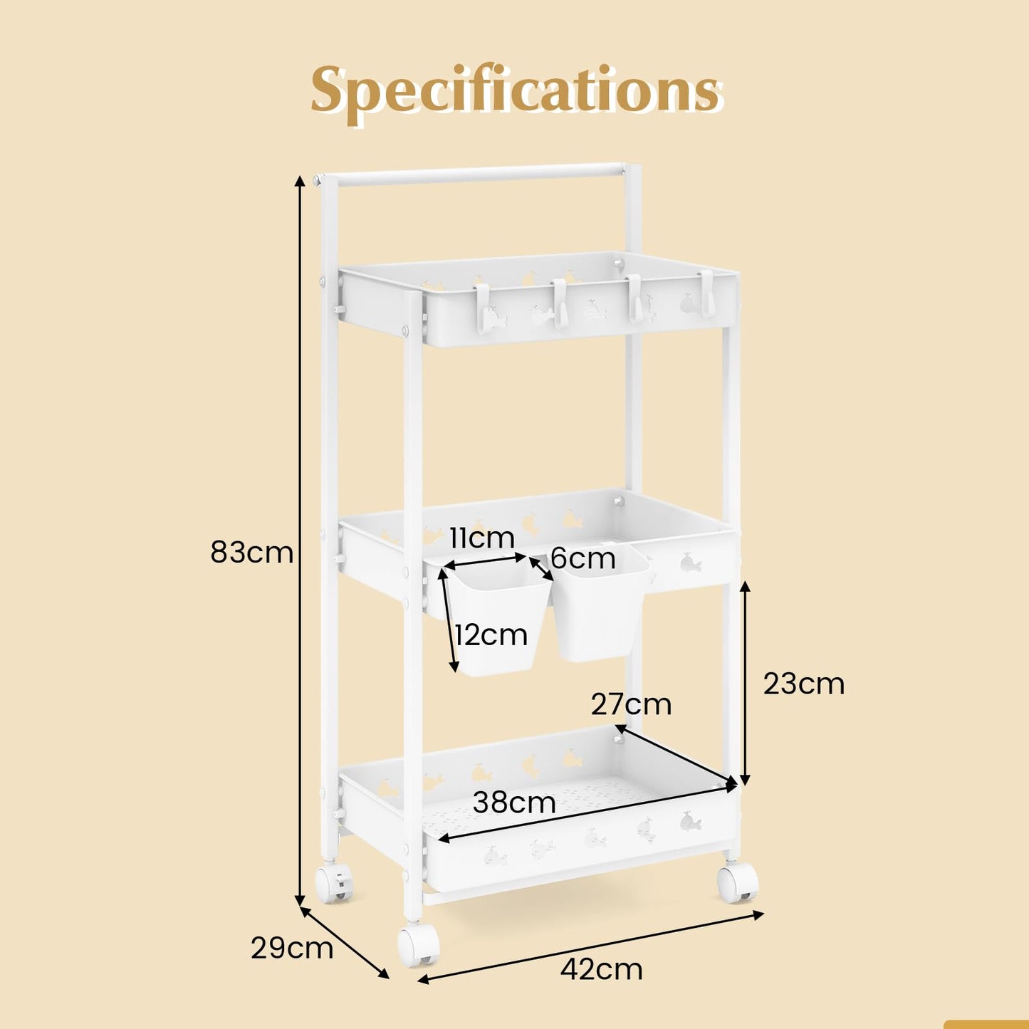 3-Tier Rolling Storage Cart with 2 Hanging Cups and 4 Hooks