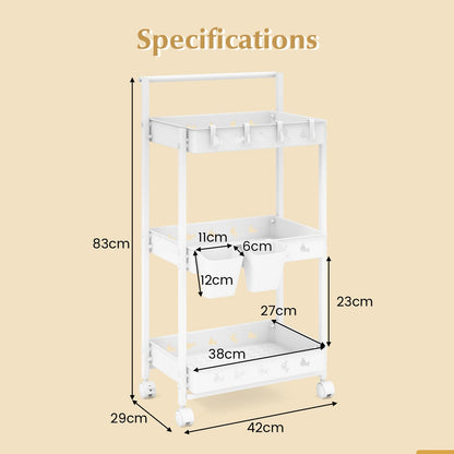 3-Tier Rolling Storage Cart with 2 Hanging Cups and 4 Hooks
