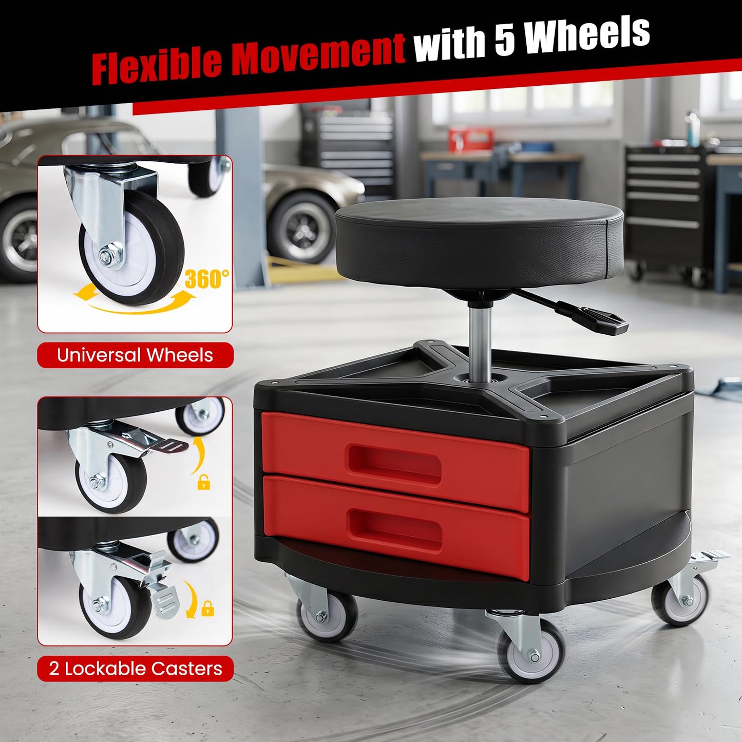 Height-Adjustable Rolling Mechanic Stool with Cushioned Seat Tool Tray for Repair Shop