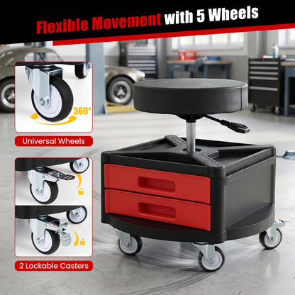 Height-Adjustable Rolling Mechanic Stool with Cushioned Seat Tool Tray for Repair Shop