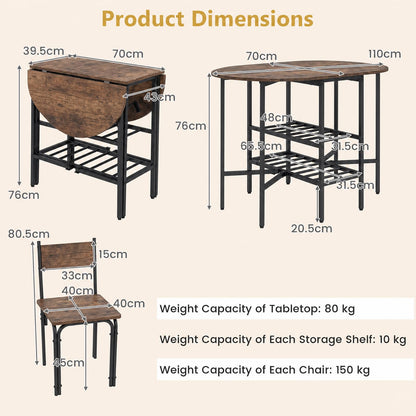 3-Piece Drop Leaf Dining Table Set with 2 Chairs and 2-Tier Storage Shelves for Kitchen