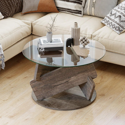 Round Glass Coffee Table 81cm Modern Center Table with Tempered Glass Top