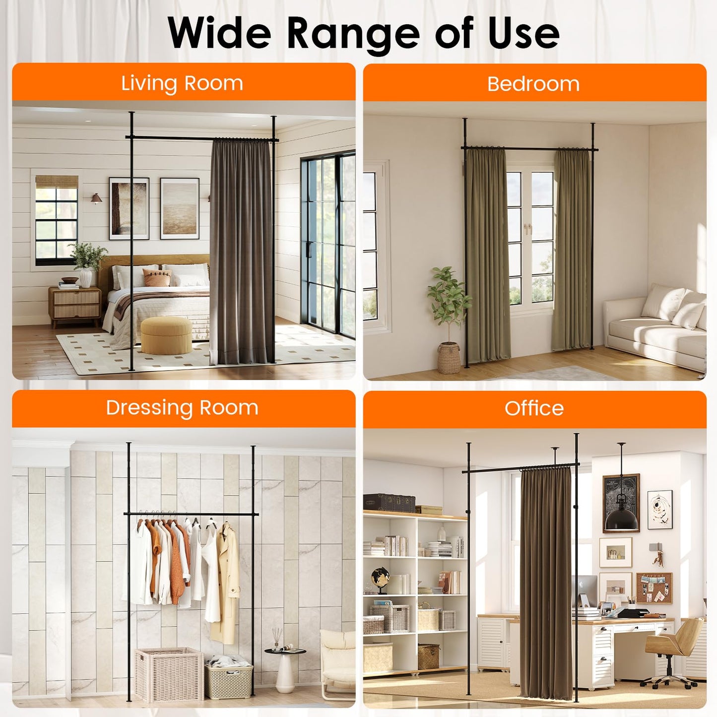 Room Divider Curtain Rod, No Drilling Adjustable Tension Rods Stand for Room Separation