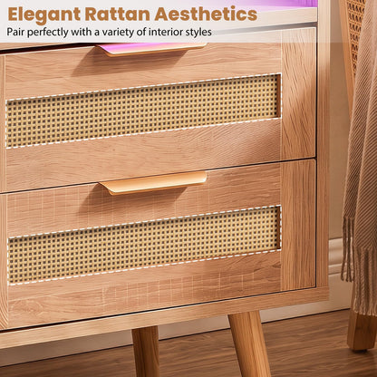 Rattan Bedside Table with Charging Station and LED Lights