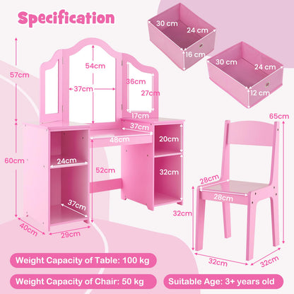 Kids Vanity Set with Tri-Folding Detachable Mirror and 4 Storage Bins