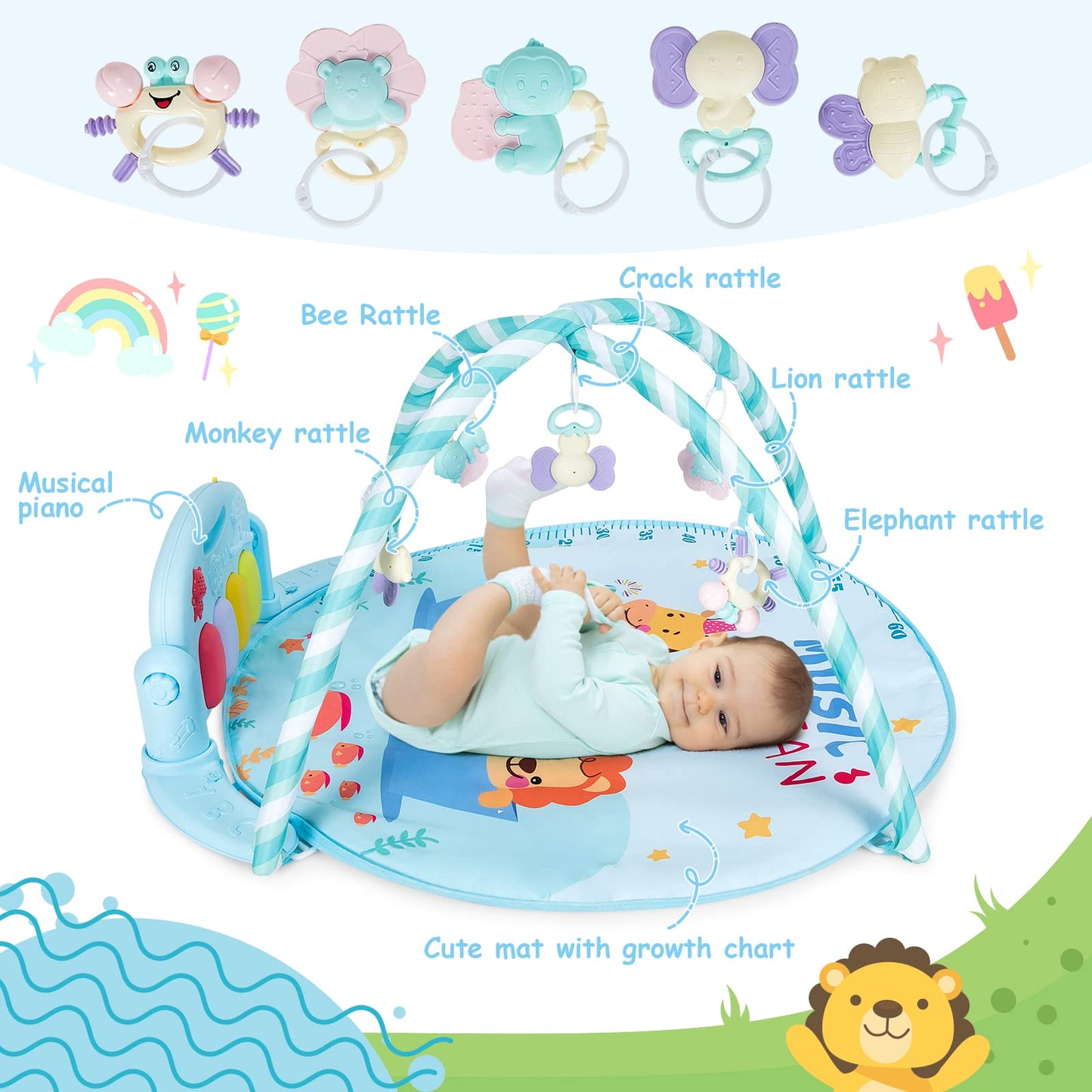 Kick & Play Piano Gym Activity Center with Lights and 5 Hanging Sensory Toys