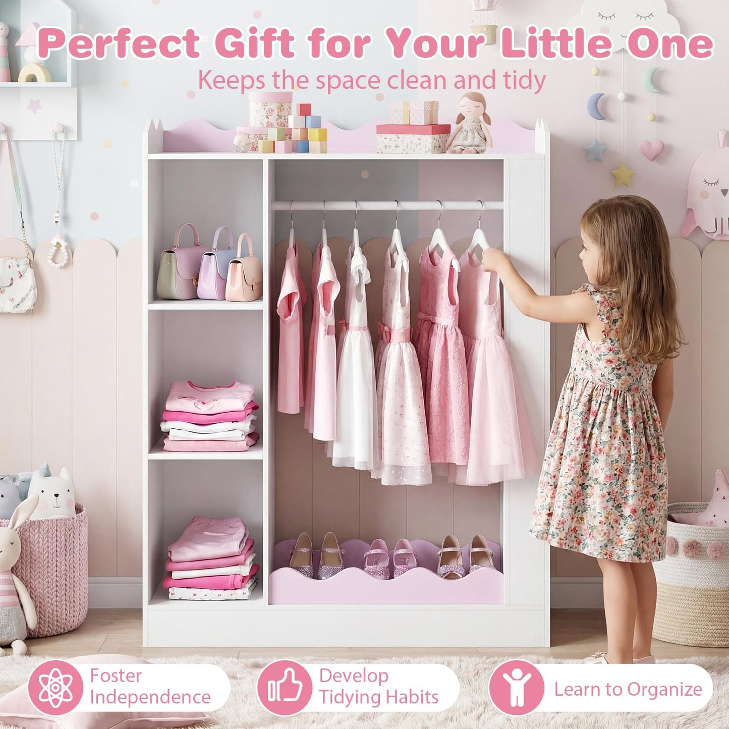 Kids Dress Up Storage, Wooden Children Wardrobe with Mirrors