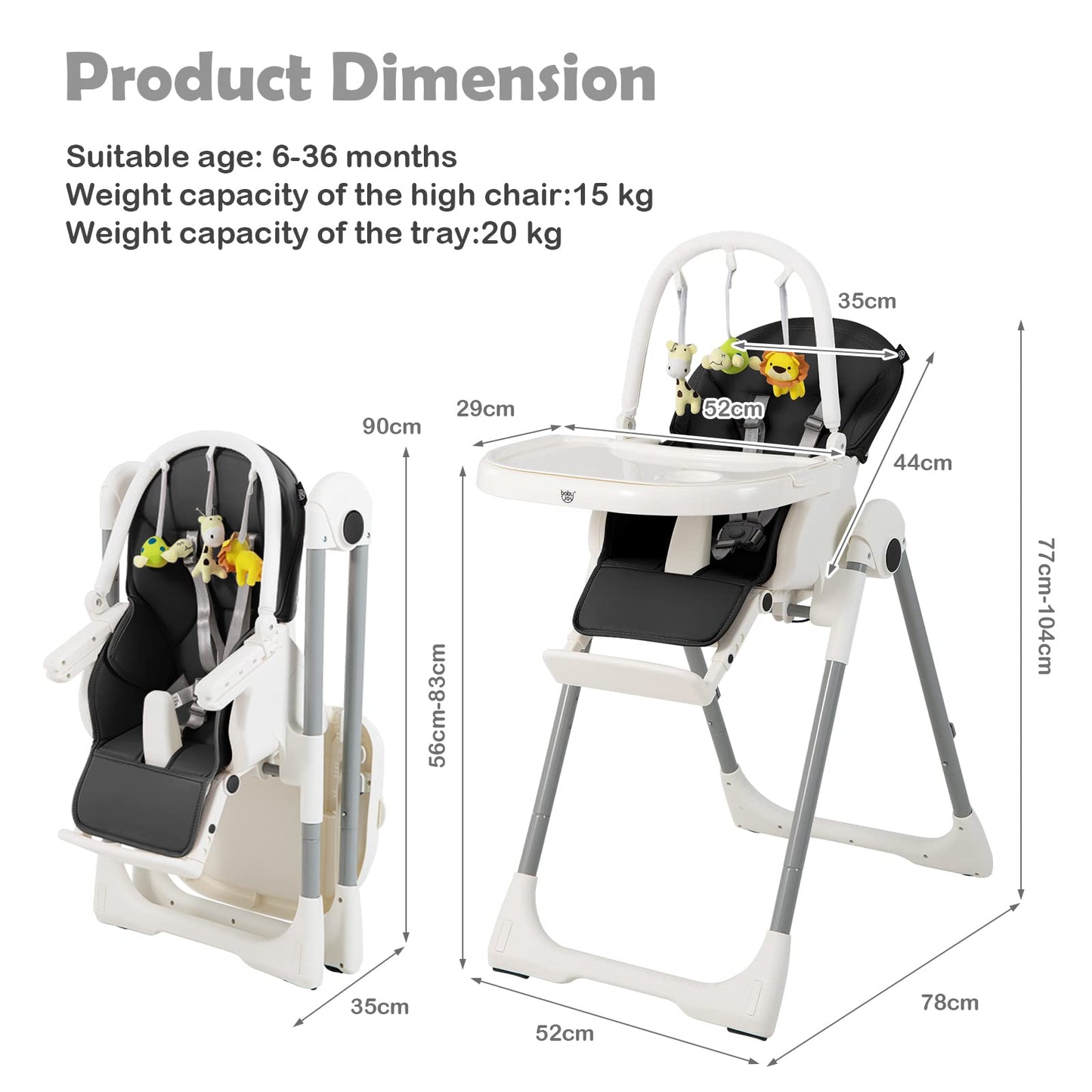 Foldable Reclining Infants High Chair with Removable Double Trays