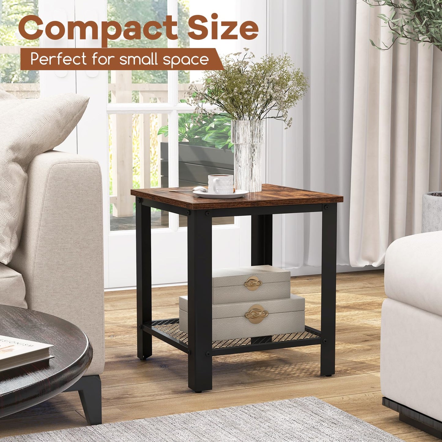 2 Tier End Table Square Sofa Side Table with Mesh Shelf